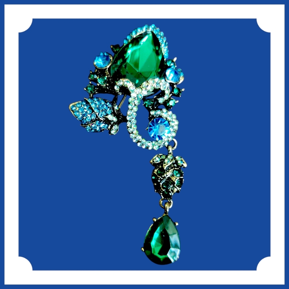 Green and Blue Cascading Rhinestone Statement Brooch